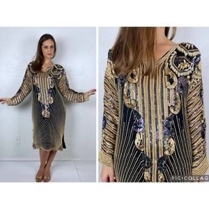 vintage 80s GOLD PEARL Flapper Party DRESS Sm/M art deco sequin cocktail Gatsby